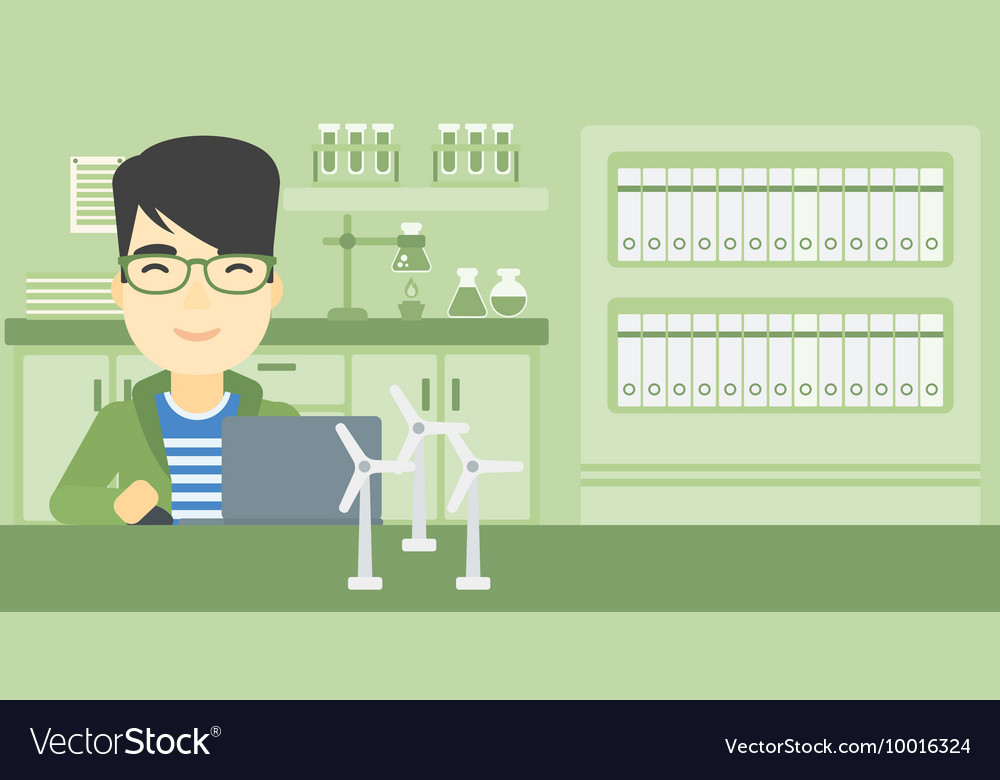 Man working with model wind turbines on the table