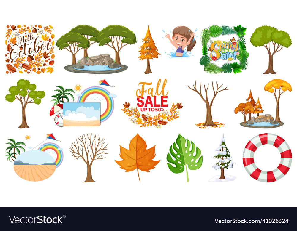 Set of four seasons trees and nature objects vector image Set of four seasons trees and nature objects