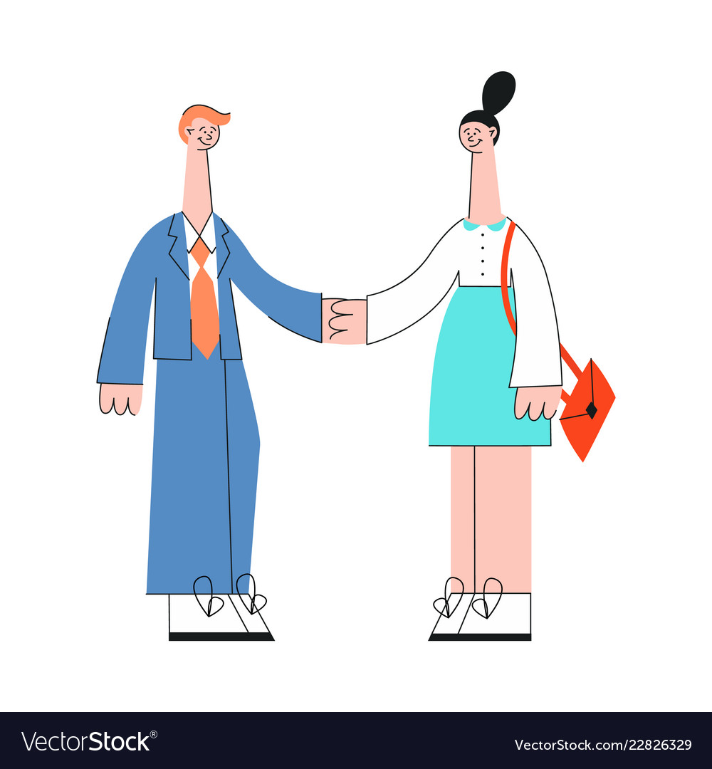 Business man and woman shaking hands in flat style