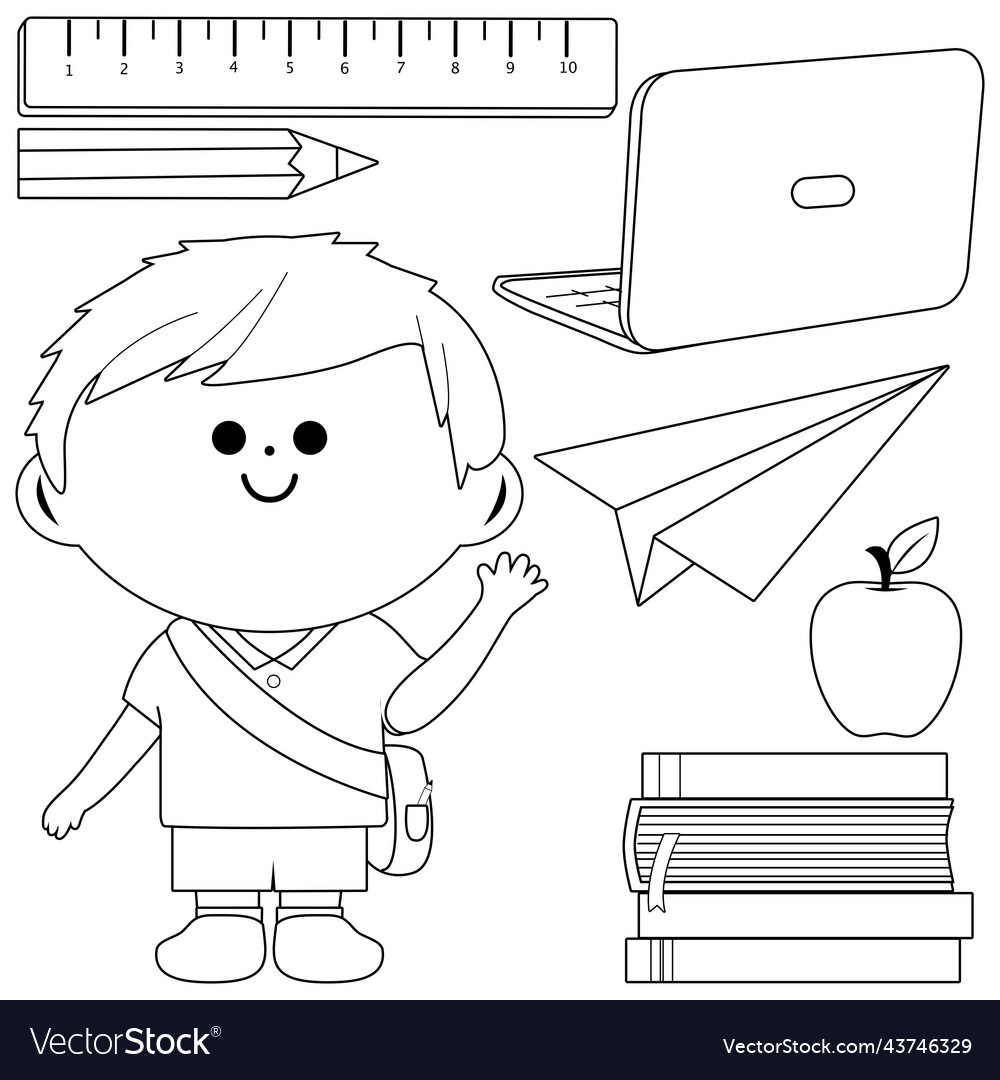 Student boy and set of school objects