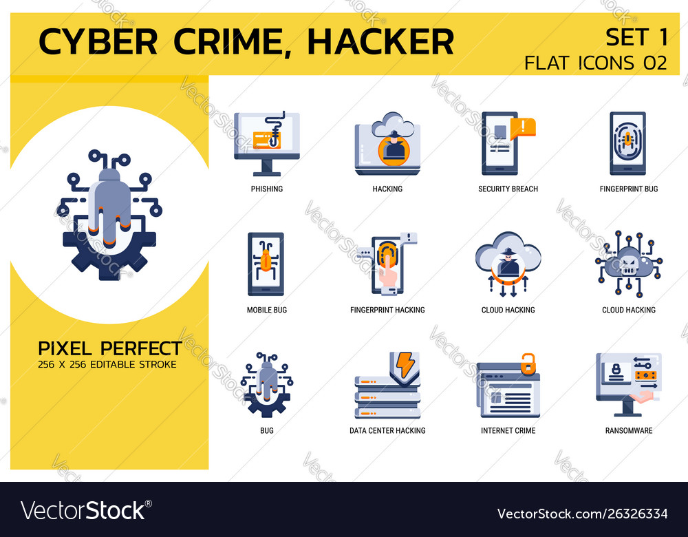 Flat icons style hacker cyber crime attack vector image Flat icons style hacker cyber crime attack