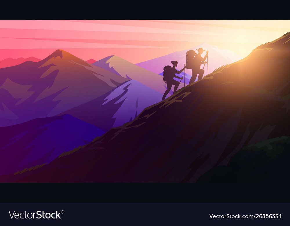 Hiking uphill sunrise in mountains foggy Vector Image