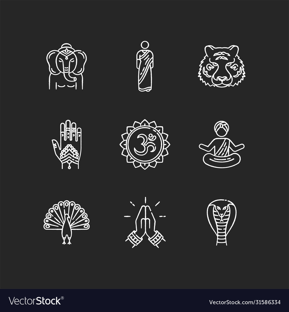 Indische spirituelle Symbole Kreide weißen Ikonen gesetzt vector image Indische spirituelle Symbole Kreide weißen Ikonen gesetzt
