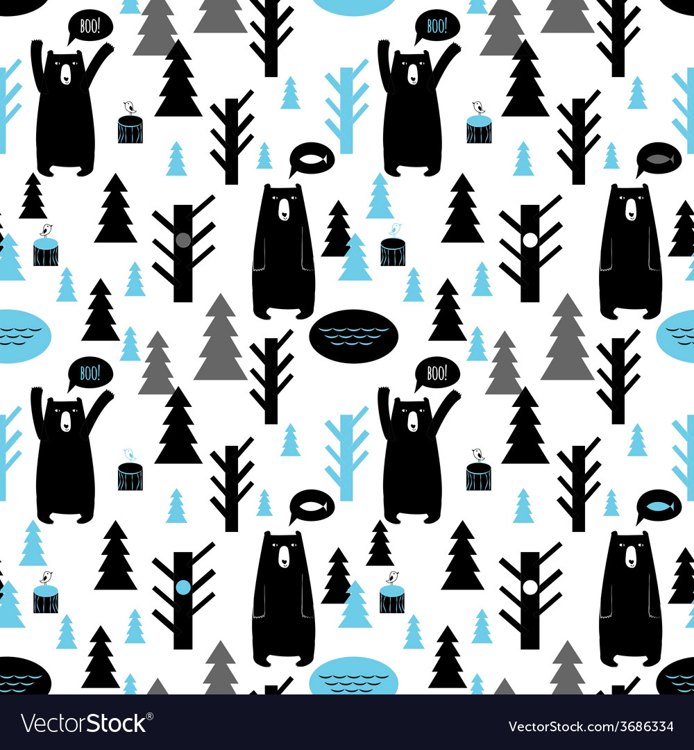 Seamless pattern with forest and bears background