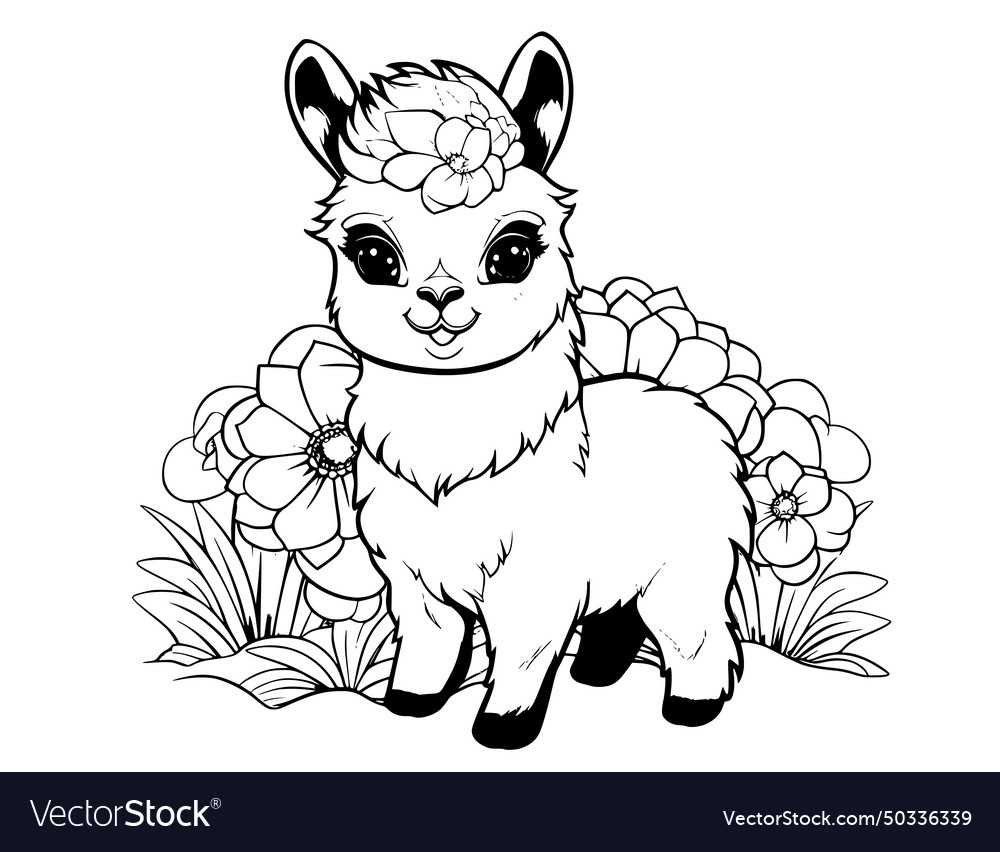 Cute llama coloring page drawing for kids