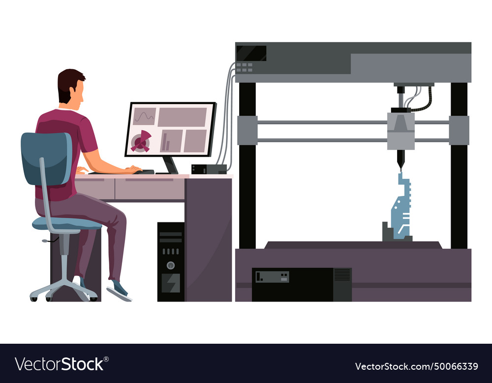 Developer and engineer using 3d printer vector image Developer and engineer using 3d printer