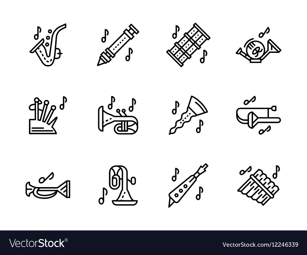 Music wind instruments black line icons set