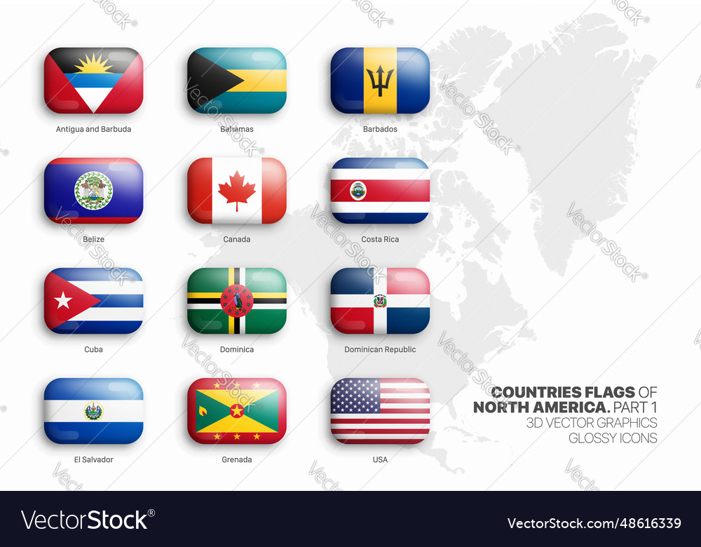 North america countries flags 3d round glossy Vector Image