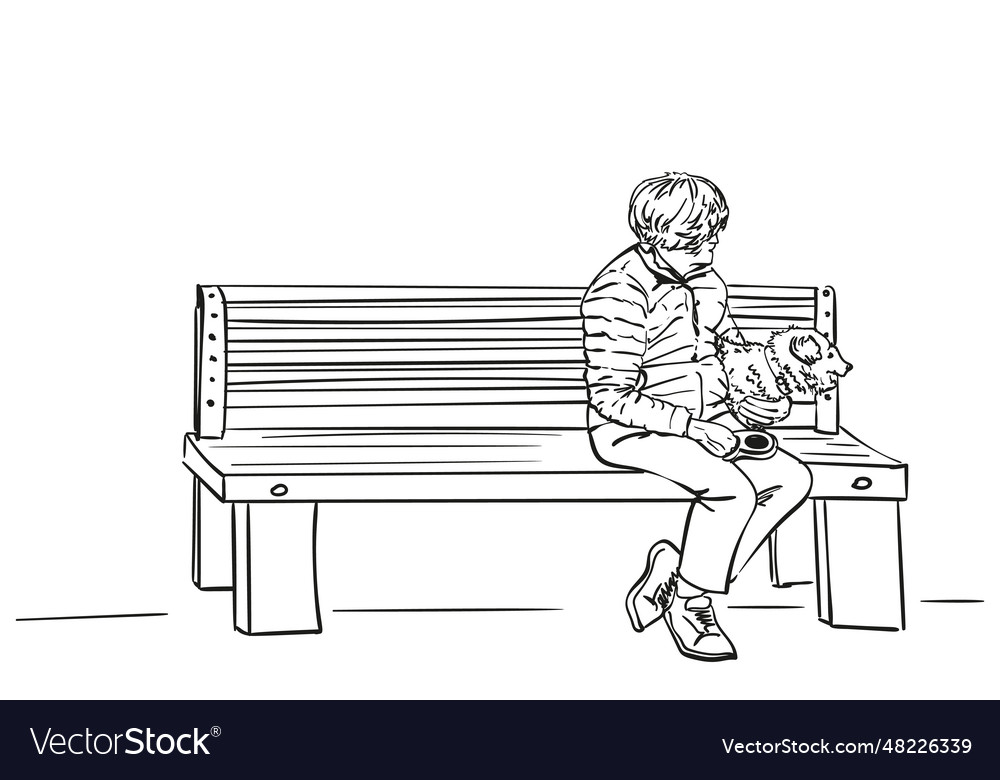 Sketch of old woman and her dog sitting on bench