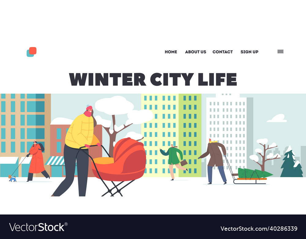 Winter city life landing page template characters