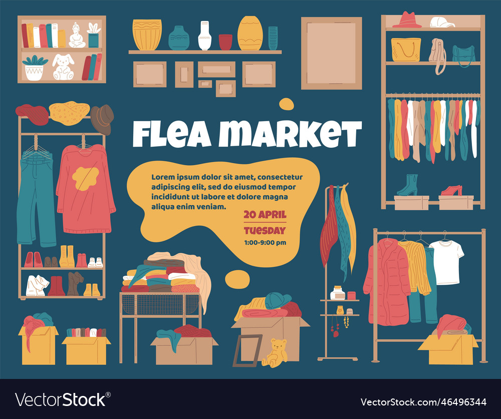 Flea market banner or poster with used things flat