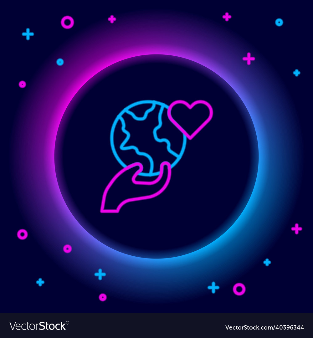 Glowing neon line human hand holding earth globe