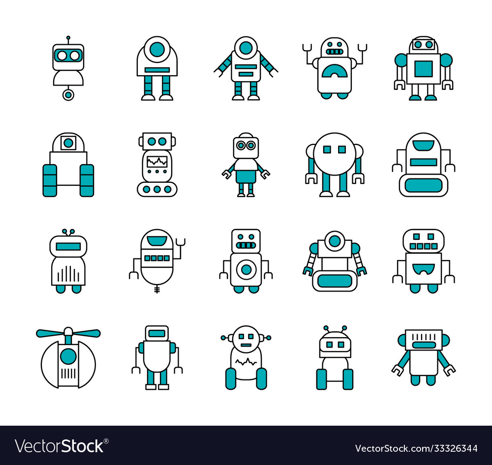 Icon set cartoon robots and robotics half line
