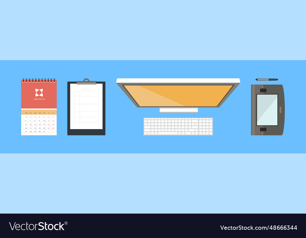 Office object and business workflow items on blue vector image Office object and business workflow items on blue