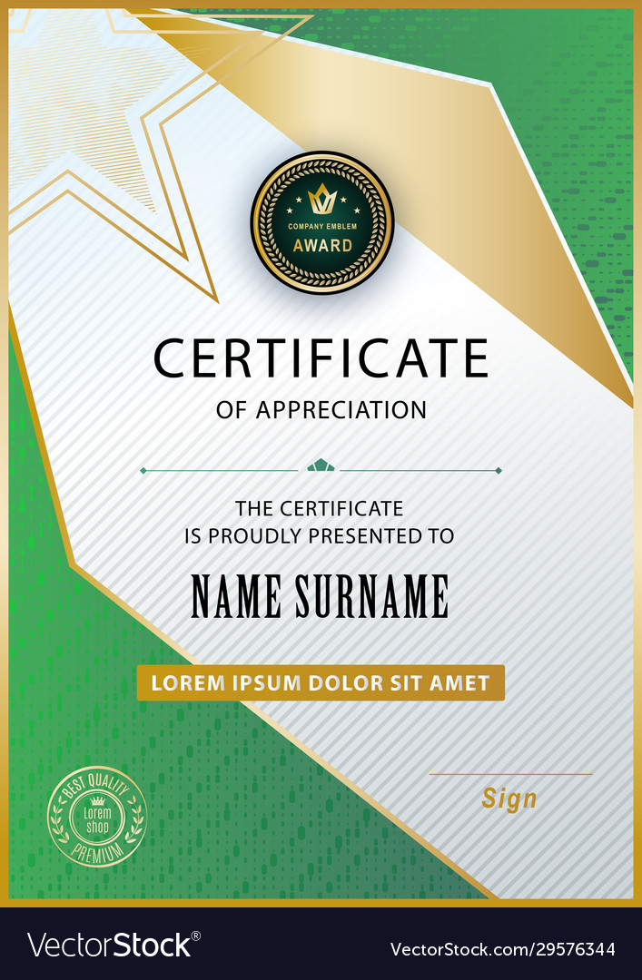 Official certificate with gold green triangles Vector Image