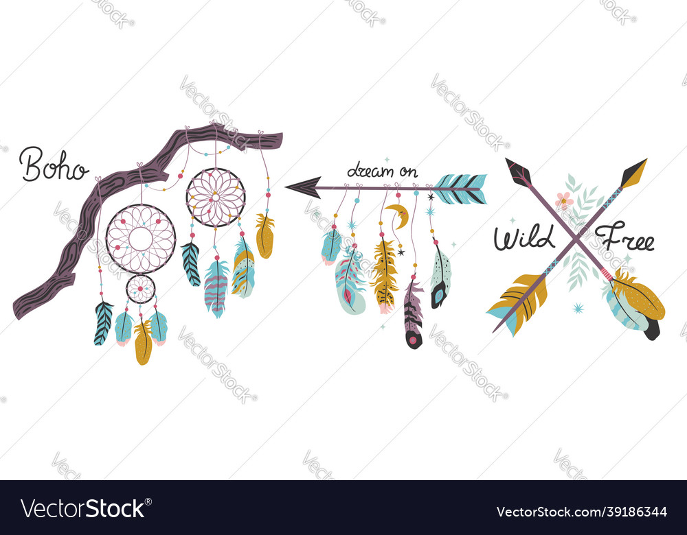 Set of design elements in boho style isolated
