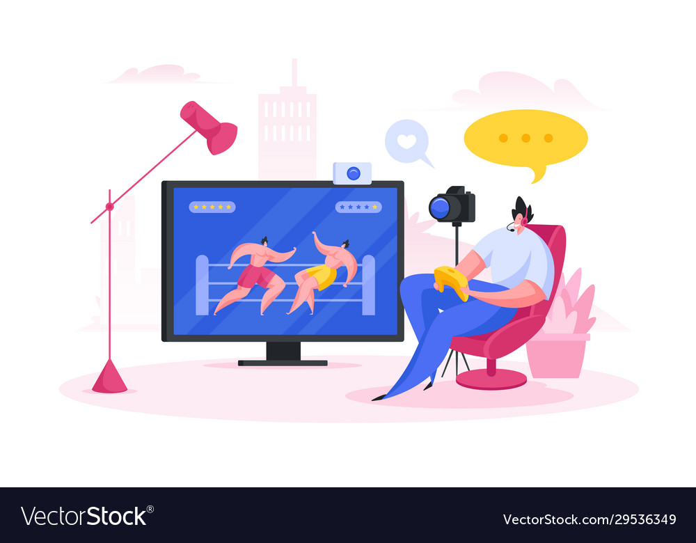 Gamer recording video for blog flat cartoon Vector Image Gamer recording video for blog flat cartoon Vector Image