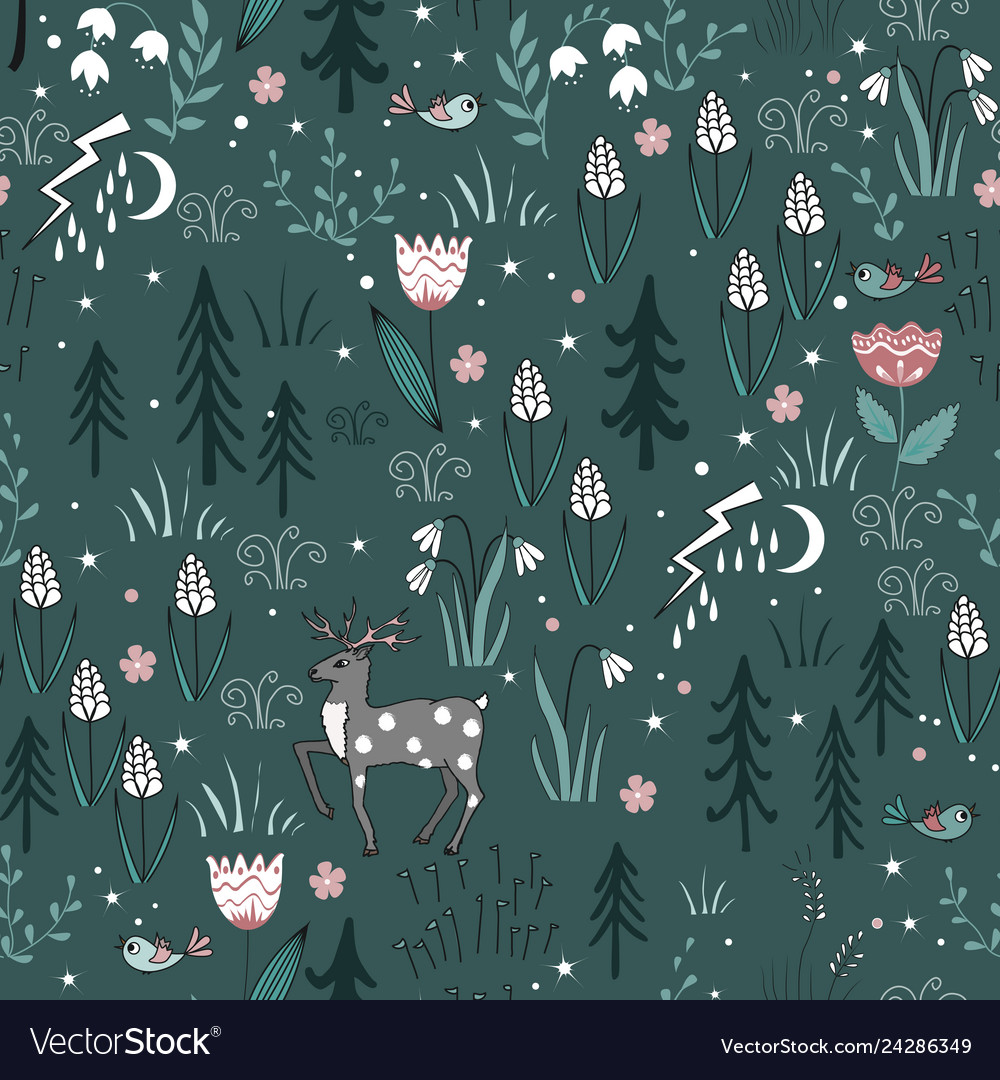 Spring forest seamless pattern with deer birds