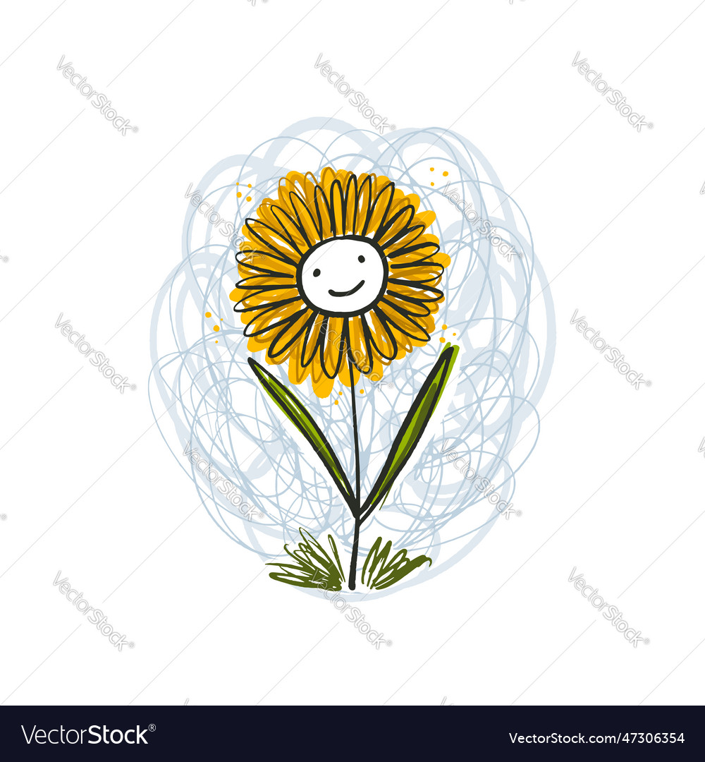 Cute sketch hand drawn smiling flower