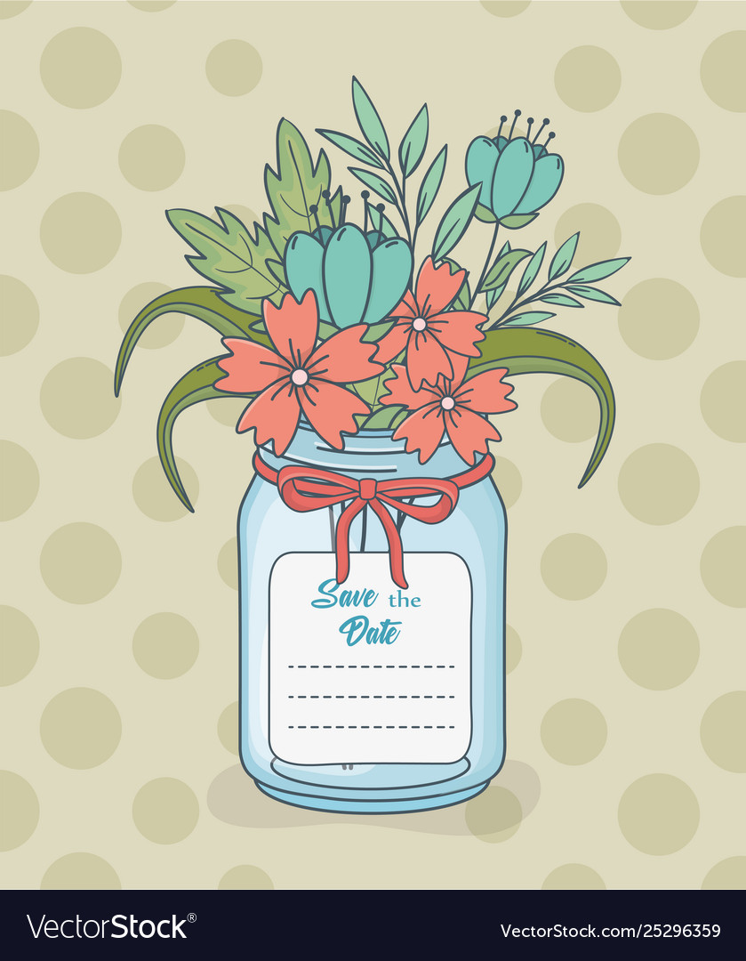 Mason Jar With Floral Decorations And Save Date Vector Image