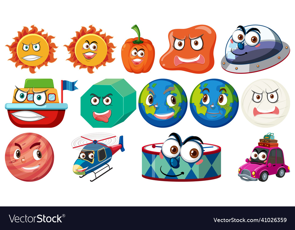 Set of different toy objects with smiley faces