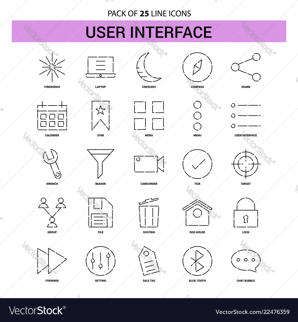 User interface line icon set - 25 dashed outline vector image User interface line icon set - 25 dashed outline