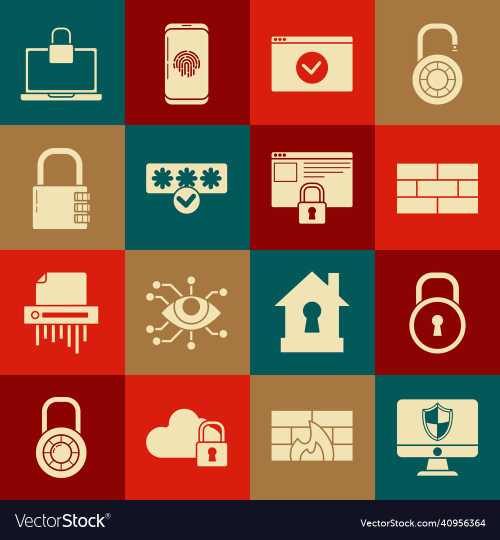 Set computer monitor and shield lock bricks vector image Set computer monitor and shield lock bricks