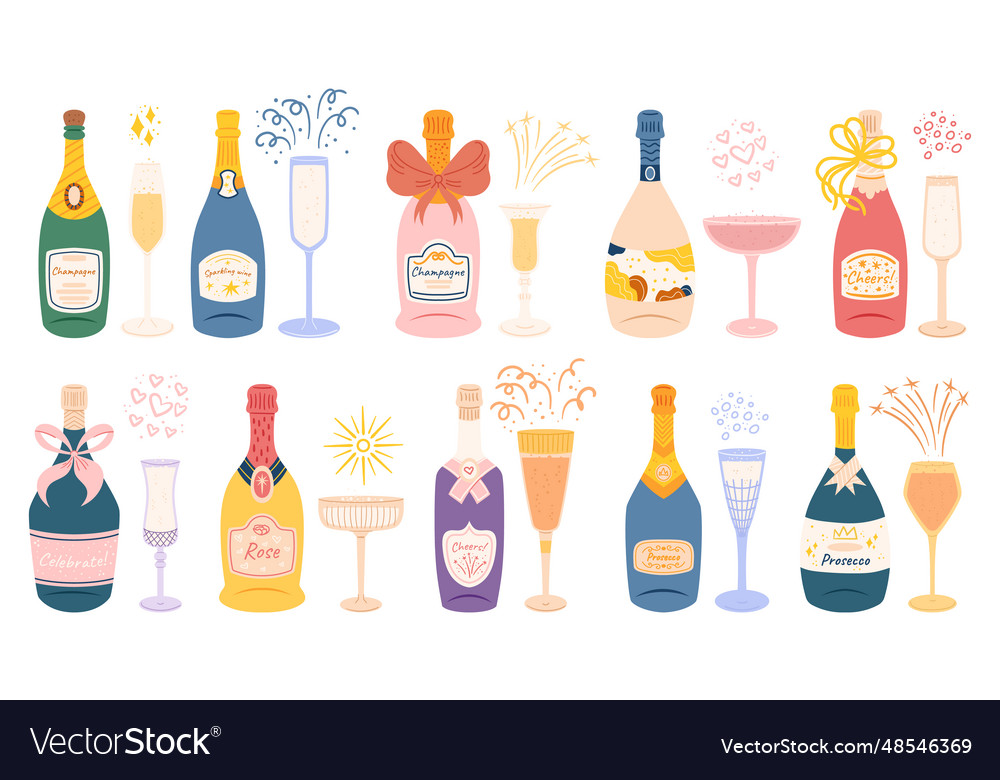 Elegant champagne bottles with glasses Royalty Free Vector