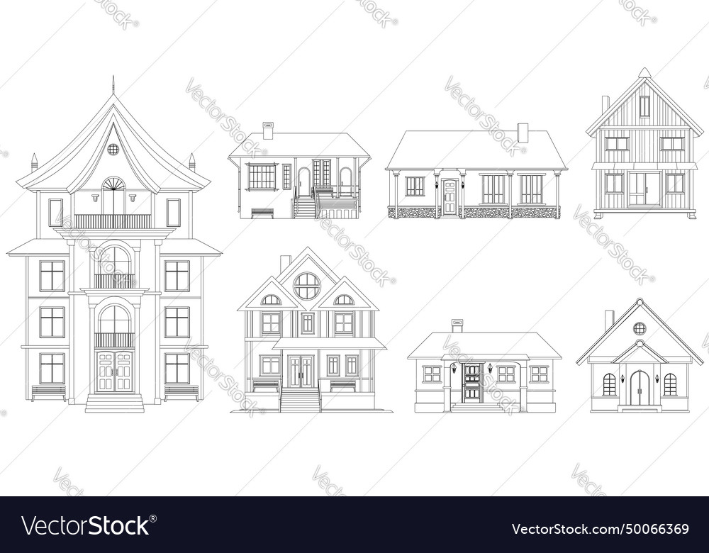 Set of black outlines mansions and private