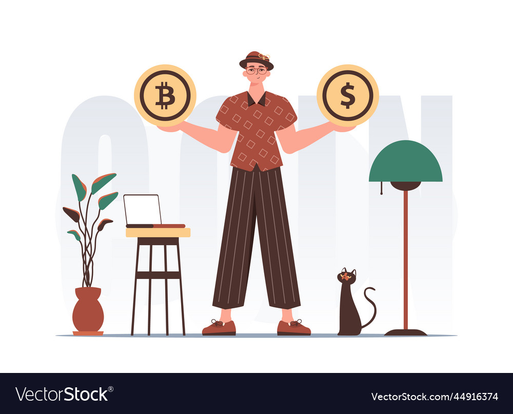 Concept of mining and extraction bitcoin a man Vector Image Concept of mining and extraction bitcoin a man