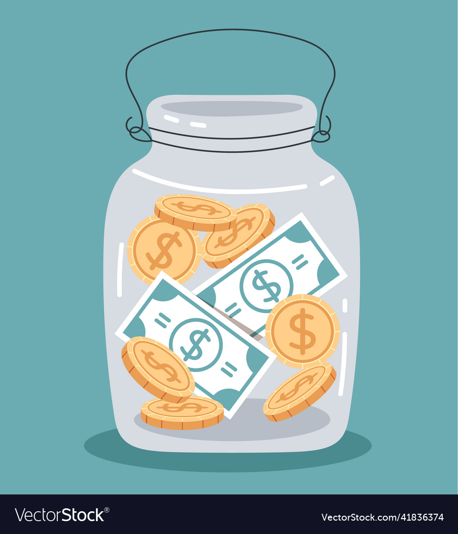 Glass jar with money and golden coins savings Vector Image