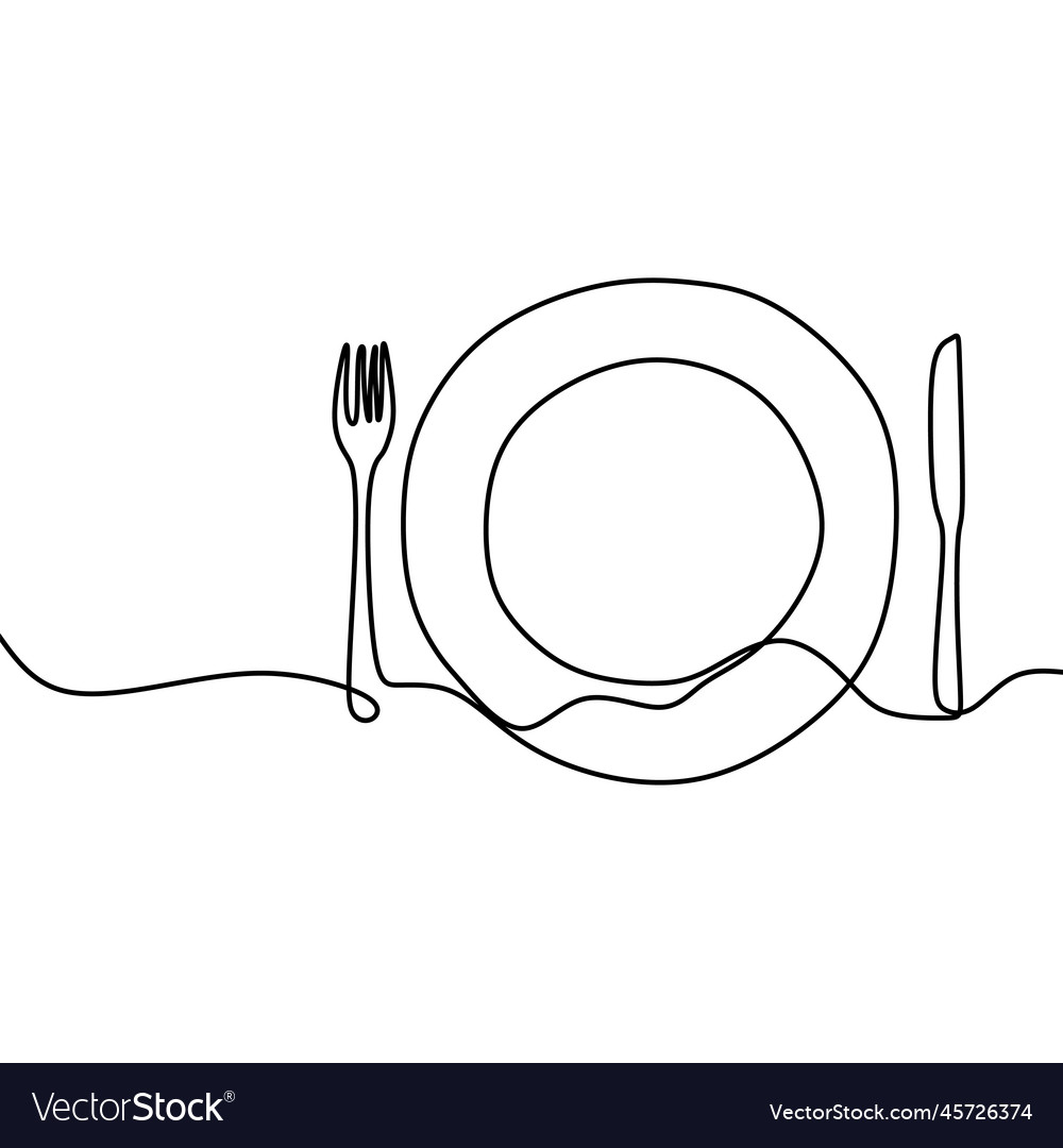 One Continuous Line Plate Knife And Fork Vector Image