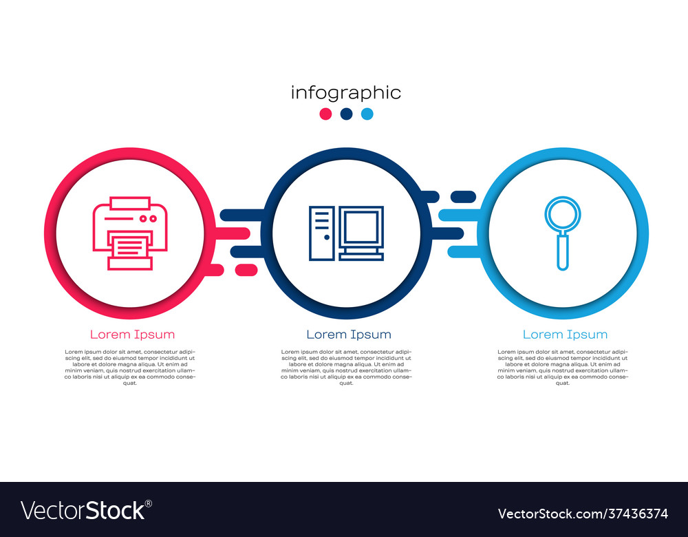 Set line printer computer monitor and magnifying vector image Set line printer computer monitor and magnifying