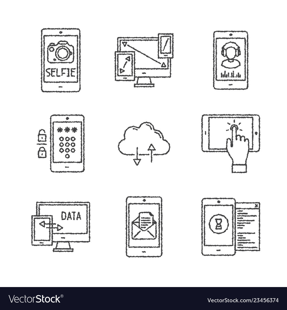 Set of mobile tech icons and concepts in sketch vector image Set of mobile tech icons and concepts in sketch
