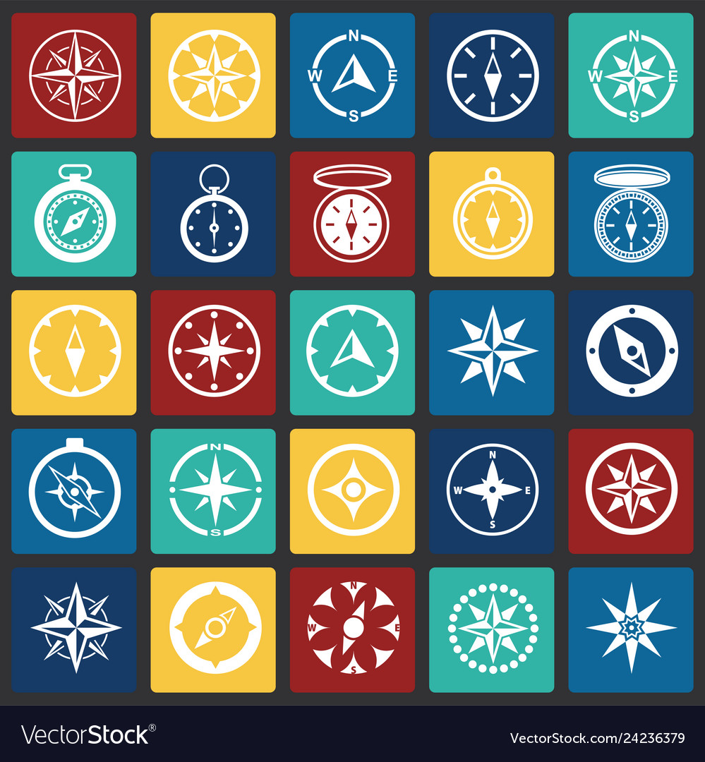 Compass icons set on color squares background
