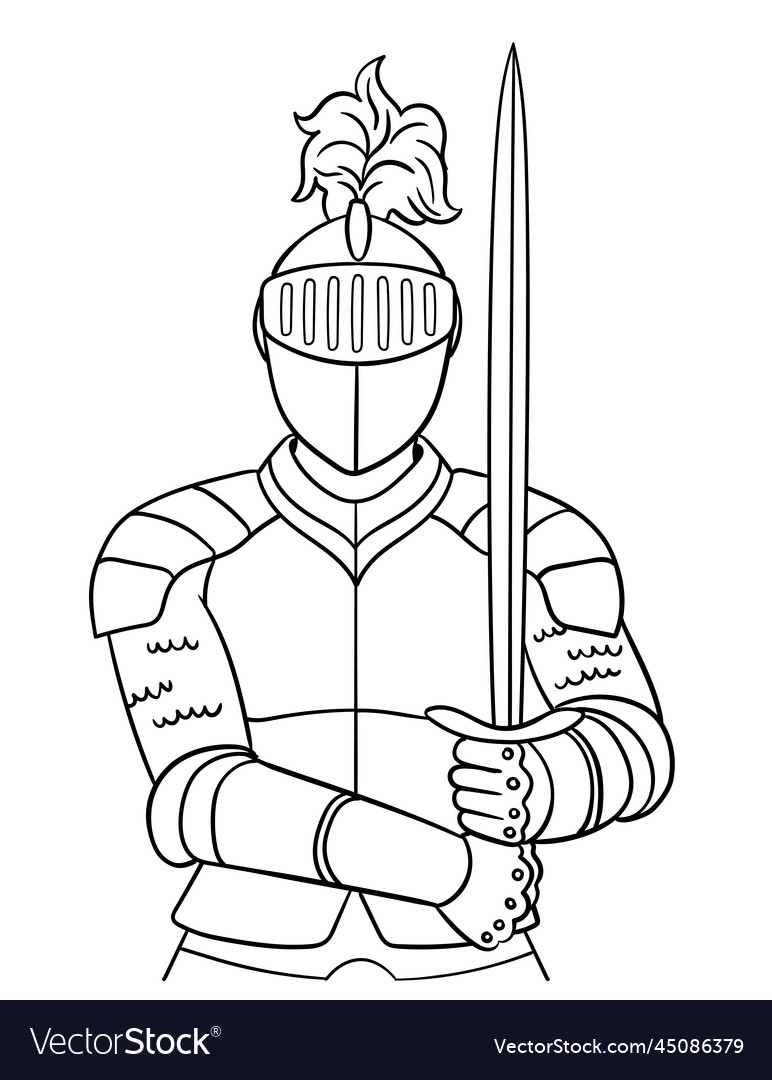 Knight in armor isolated coloring page for kids Vector Image