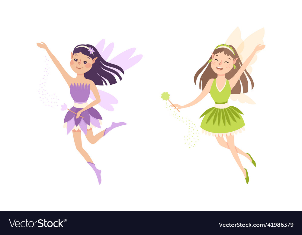 Set of happy little girls elves in purple