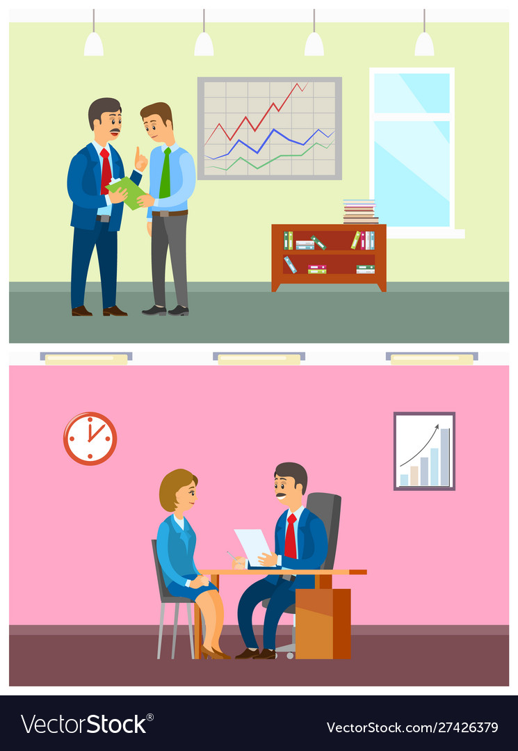 Working task and job interview with boss in office vector image Working task and job interview with boss in office
