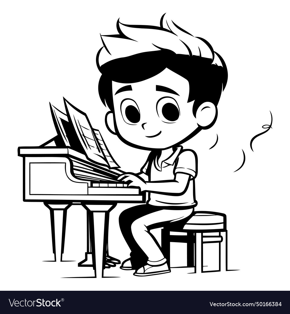 Boy playing piano - black and white cartoon Vector Image