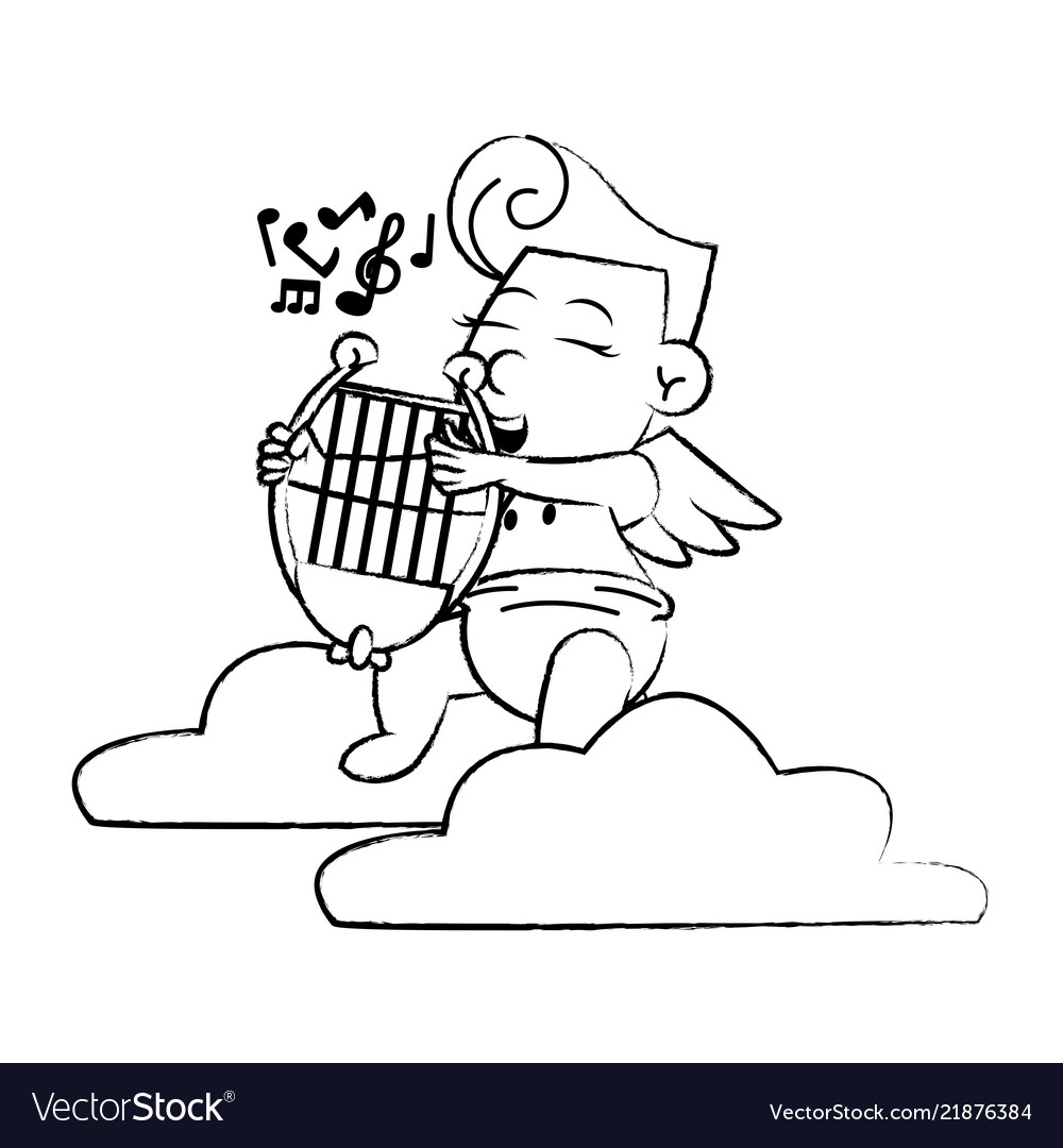 Cupid on cloud with harp sketch