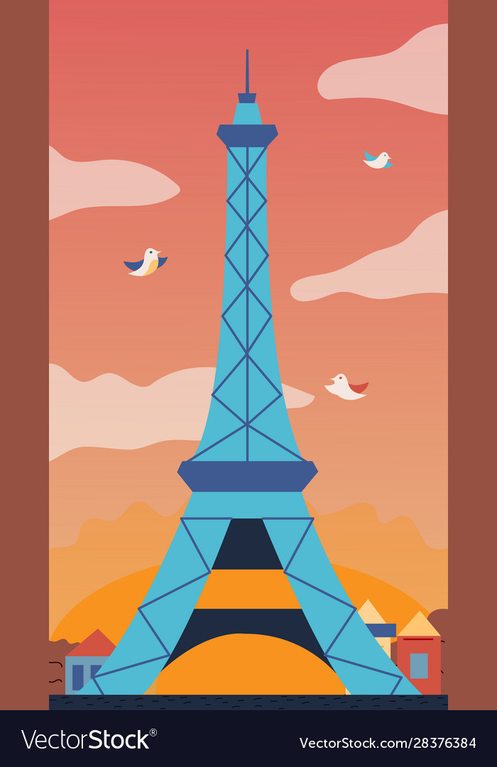 Evening view eiffel tower front flat vector image Evening view eiffel tower front flat