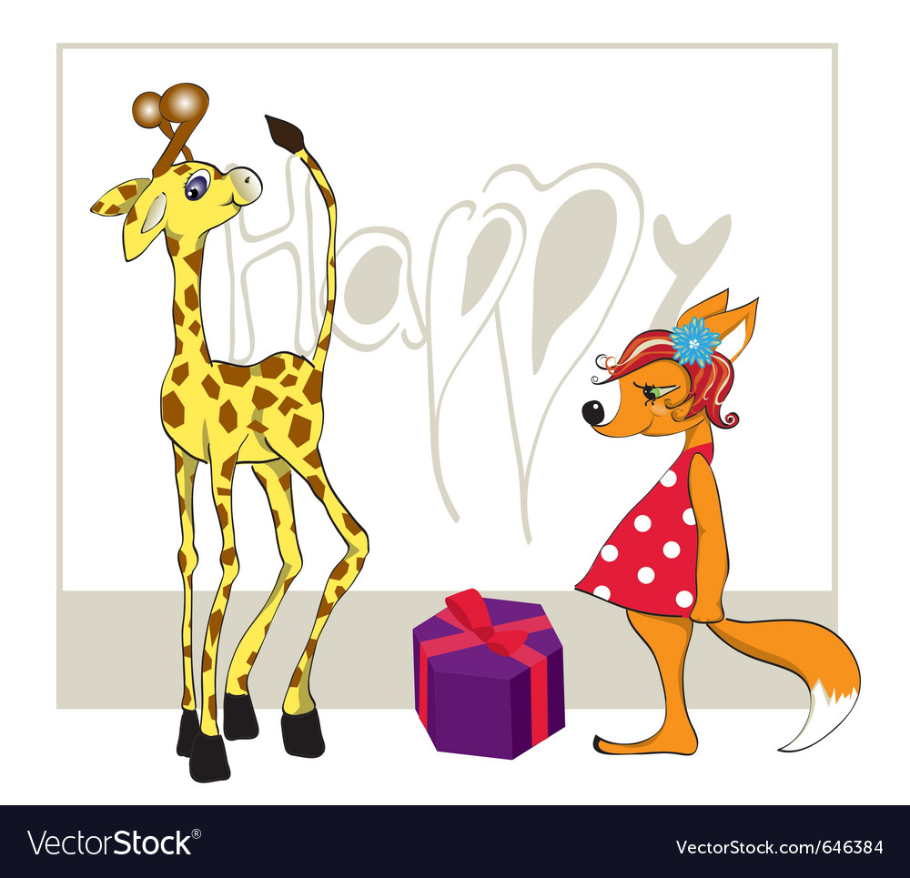 Giraffe with a gift and a fox Royalty Free Vector Image