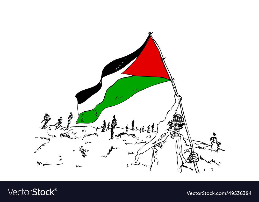 Man with palestine flag simple hand draw sketch