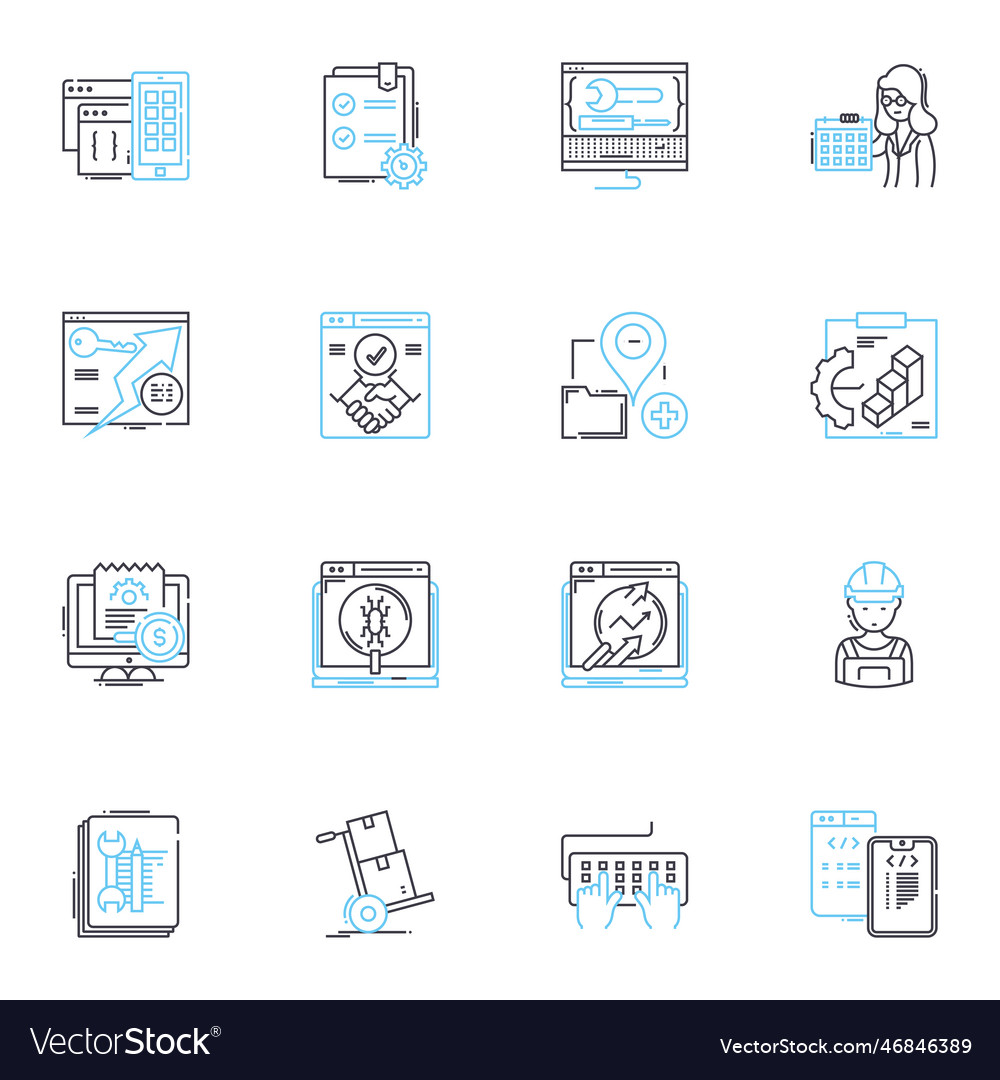 Desktop computer linear icons set processor vector image Desktop computer linear icons set processor