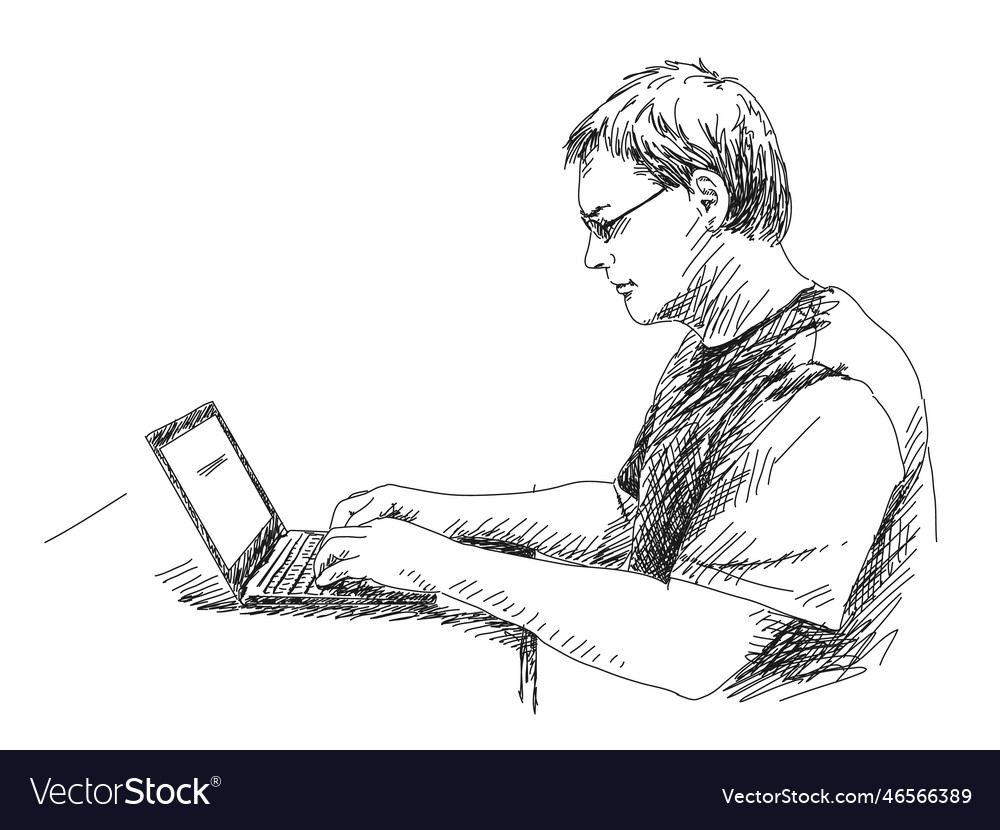 Sketch of man working with computer hand drawn vector image Sketch of man working with computer hand drawn