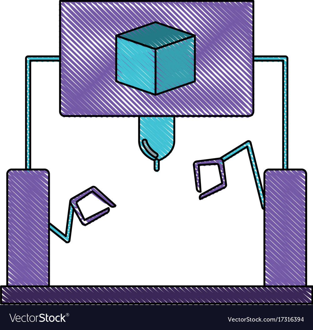 Cube design with robotic hands in color crayon
