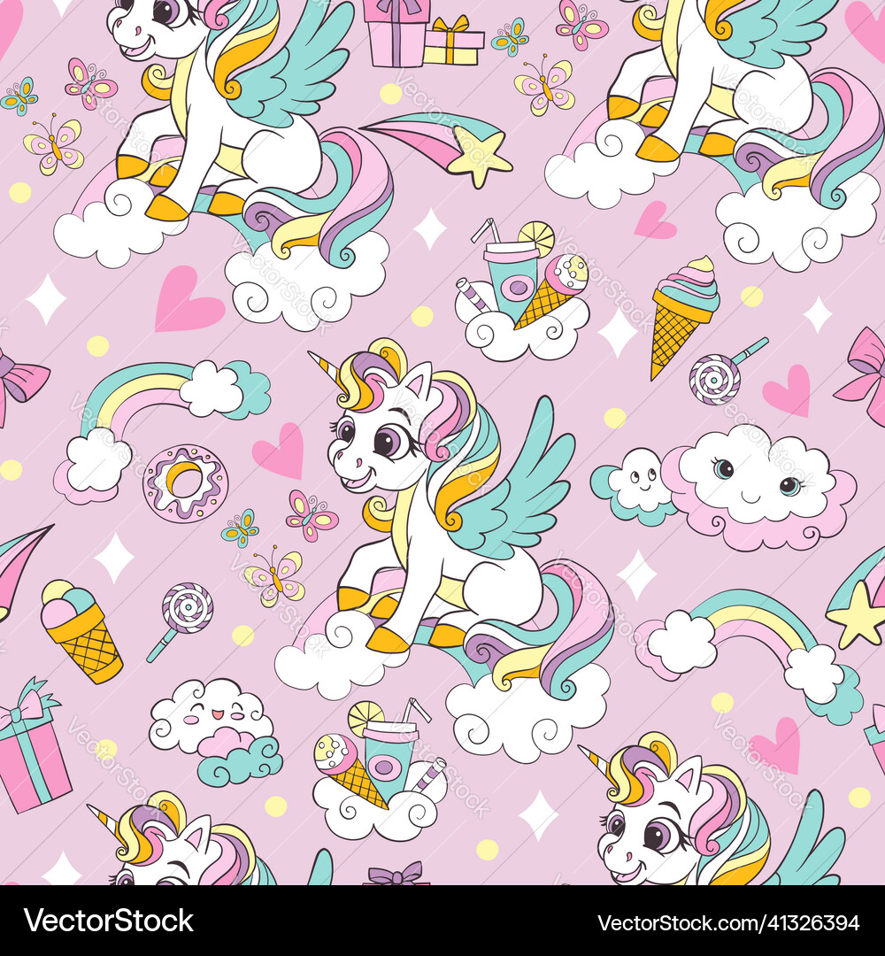 Cute winged unicorns with magic elements seamless Vector Image