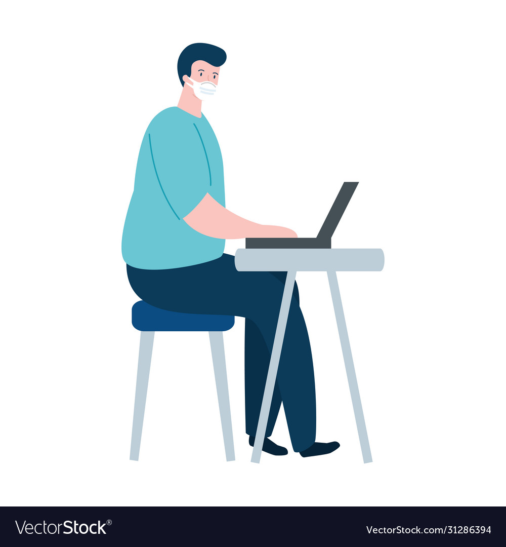 Man using face mask with laptop isolated icon Vector Image Man using face mask with laptop isolated icon