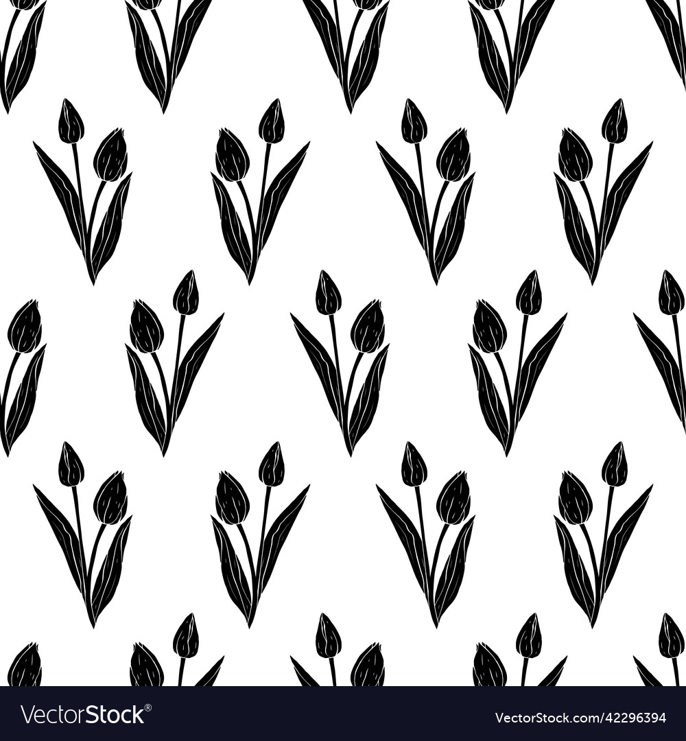 Monochrome vintage seamless pattern with tulips