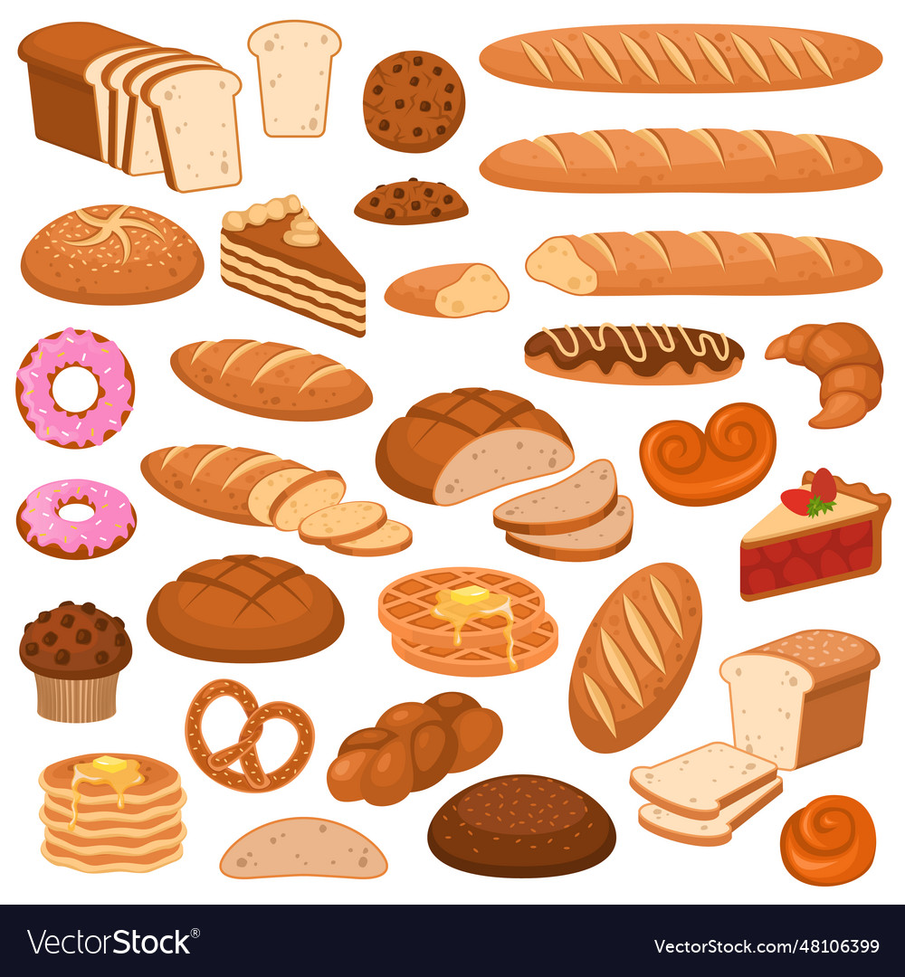 Cartoon bread and cakes bakery wheat products rye Vector Image